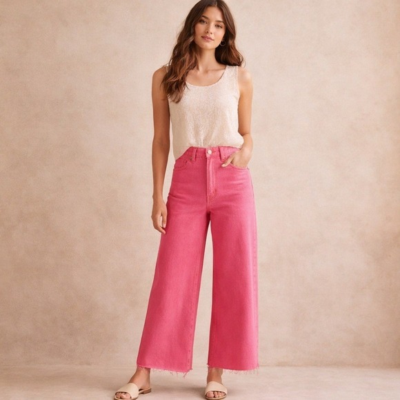 Judy Blue Denim - Judy Blue Pink Wide Leg Jeans 3/26 High Waist Raw Hem Tummy Control NWT